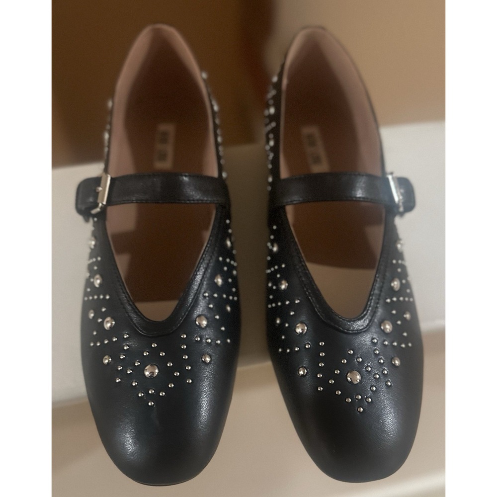 Bibi Lou Studded Mary Jane Black Leather Career Flats Size:US 10-10.5 / EU 41.